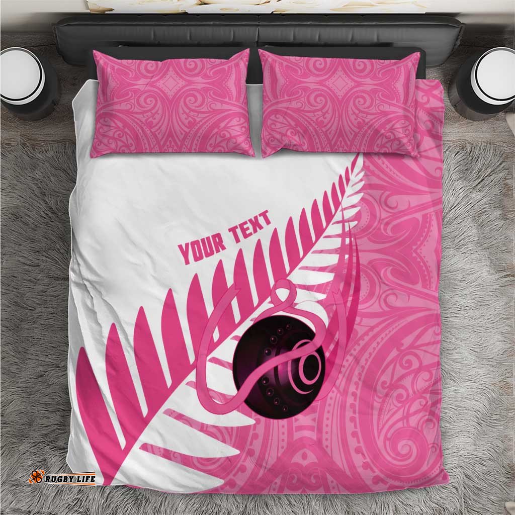 New Zealand Lawn Bowls Breast Cancer Custom Bedding Set Aotearoa Maori Silver Fern Pink Ribbon LT14