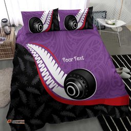 Personalised Aotearoa Lawn Bowls Bedding Set Maori and Silver Fern Sporty Style Purple Color LT03
