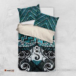 New Zealand Maori Bedding Set Poutama Pikorua Turquoise Paua Shell LT05