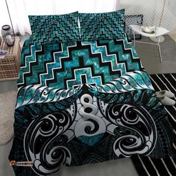 New Zealand Maori Bedding Set Poutama Pikorua Turquoise Paua Shell LT05