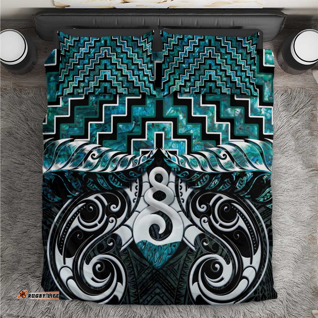 New Zealand Maori Bedding Set Poutama Pikorua Turquoise Paua Shell LT05