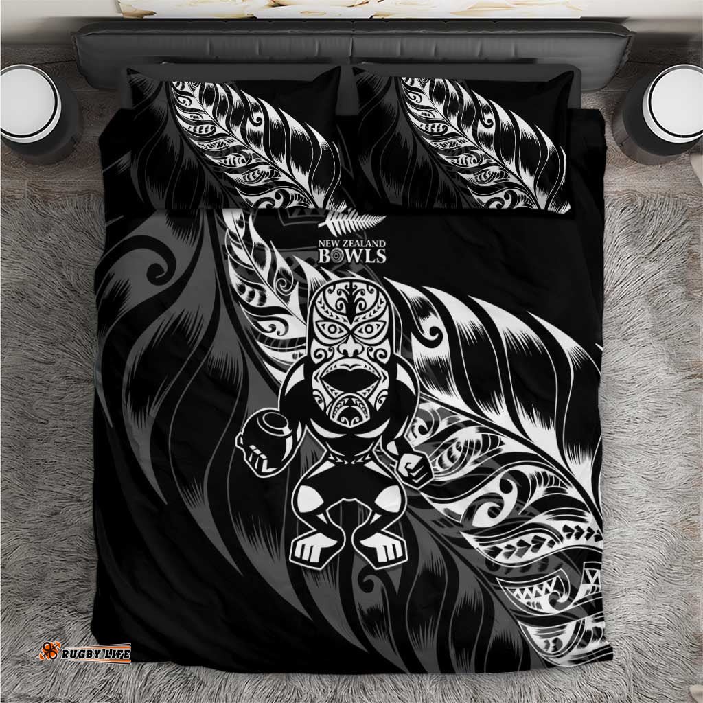 New Zealand Lawn Bowls Bedding Set Black Maori Warrior Tribal Silver Fern LT9