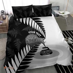 New Zealand Silver Fern Curling Personalised Bedding Set Aotearoa Kiwi Ponga Black White Version LT14