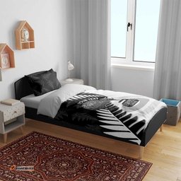 New Zealand Silver Fern Curling Personalised Bedding Set Aotearoa Kiwi Ponga Black White Version LT14