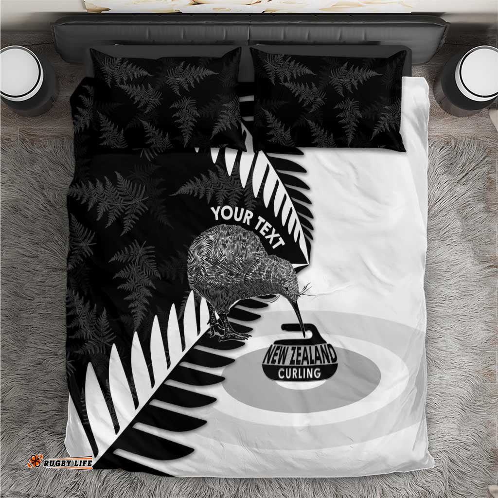 New Zealand Silver Fern Curling Personalised Bedding Set Aotearoa Kiwi Ponga Black White Version LT14