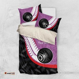 Personalised Aotearoa Lawn Bowls Bedding Set Maori and Silver Fern Sporty Style Pink Color LT03