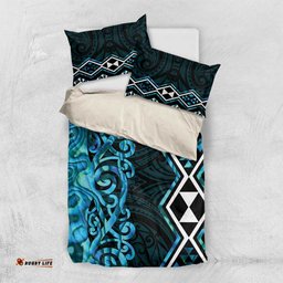 Turquoise Aotearoa Bedding Set Taniko Motifs With Paua Shell Kowhaiwhai LT14