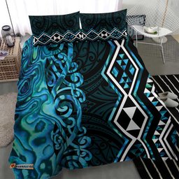 Turquoise Aotearoa Bedding Set Taniko Motifs With Paua Shell Kowhaiwhai LT14
