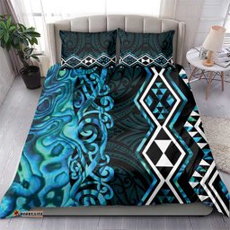 Turquoise Aotearoa Bedding Set Taniko Motifs With Paua Shell Kowhaiwhai LT14