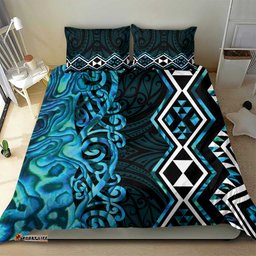 Turquoise Aotearoa Bedding Set Taniko Motifs With Paua Shell Kowhaiwhai LT14