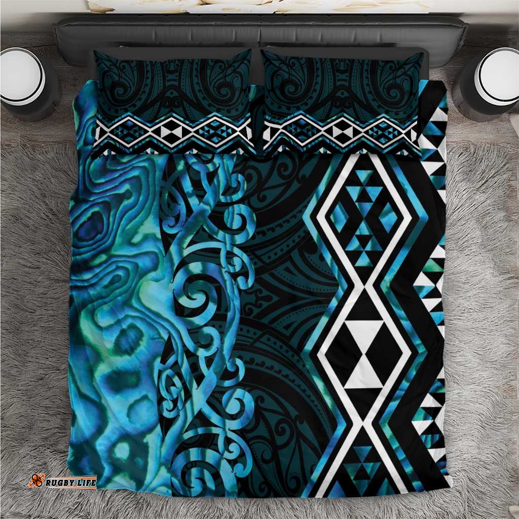 Turquoise Aotearoa Bedding Set Taniko Motifs With Paua Shell Kowhaiwhai LT14