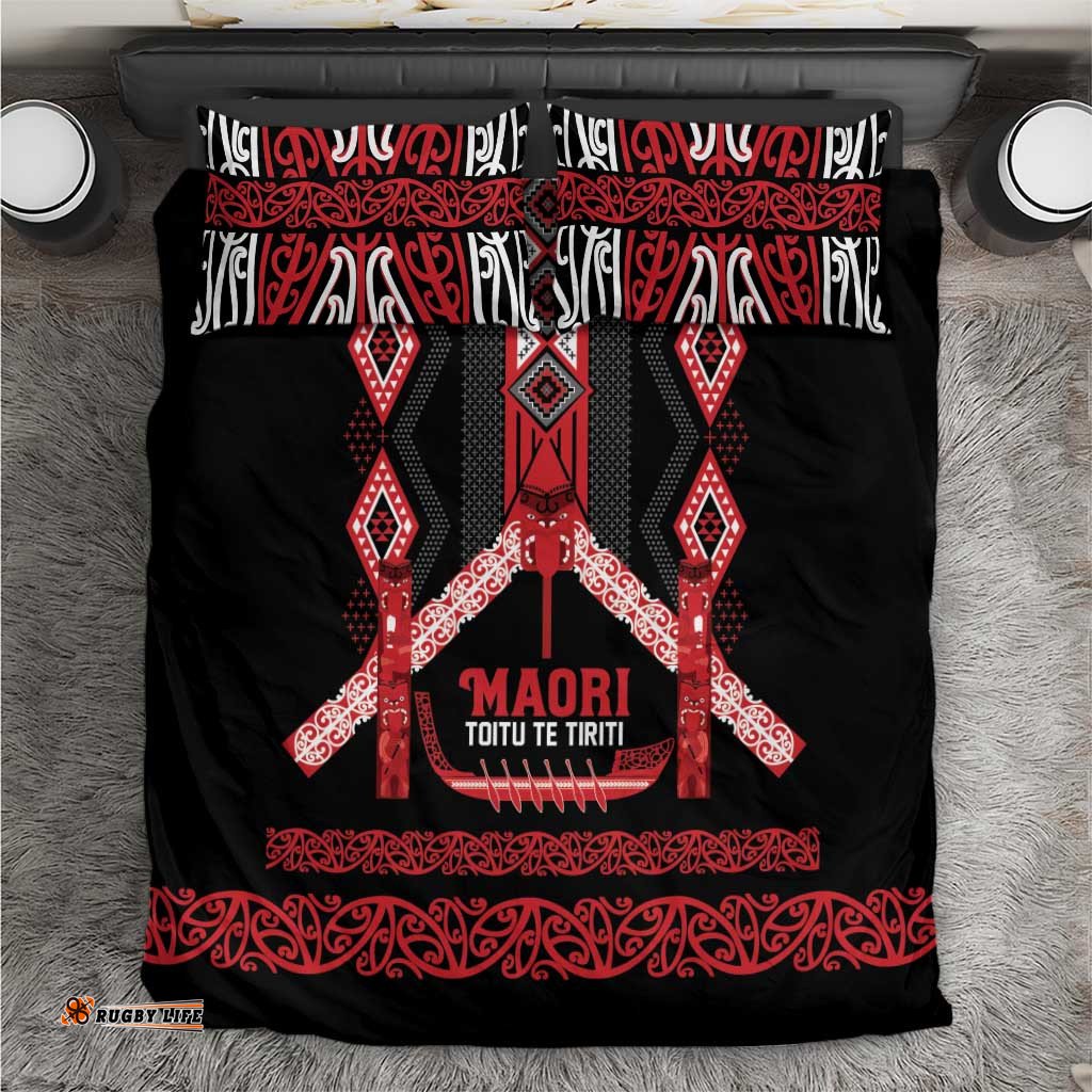 Toitu Te Tiriti Waitangi Bedding Set Black Wharenui House LT9