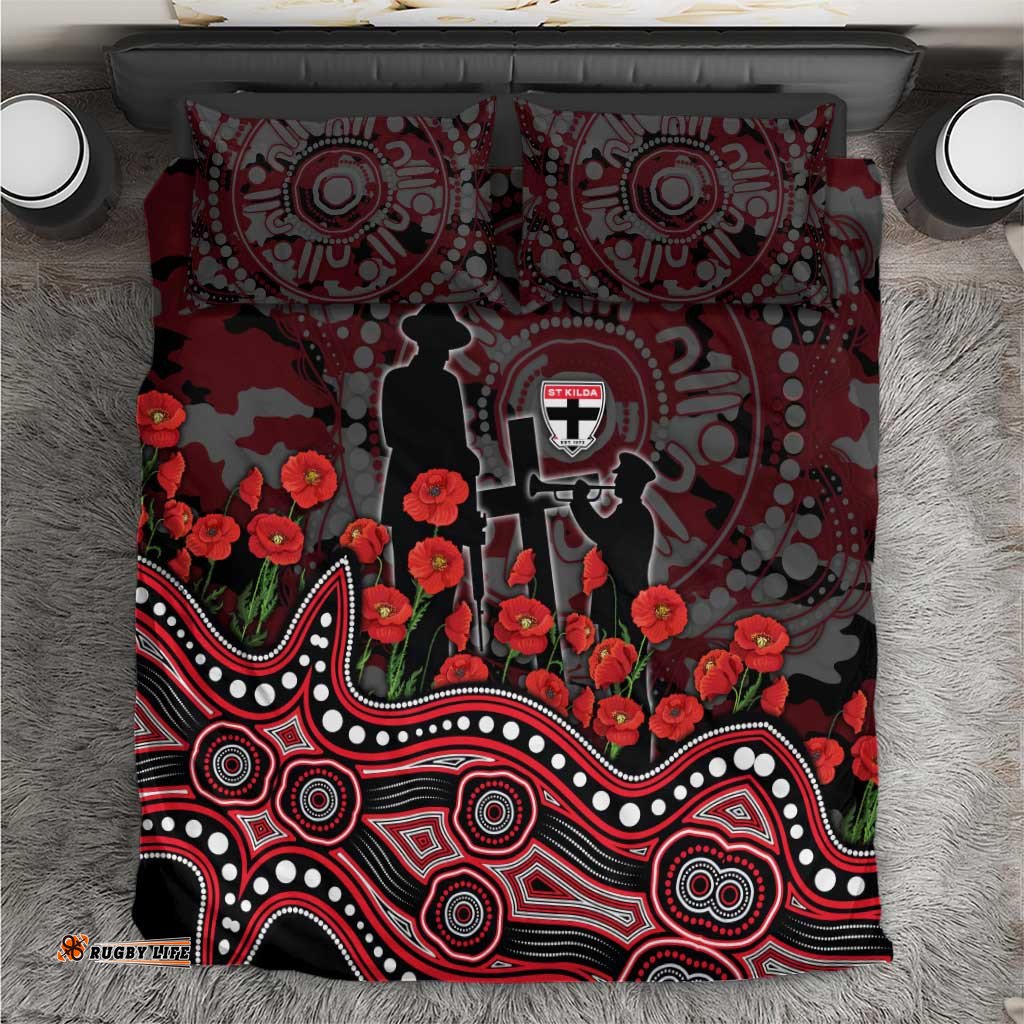 St Kilda Saints ANZAC Day Bedding Set Indigenous Dot Art with Poppy Flower Tribute TS04
