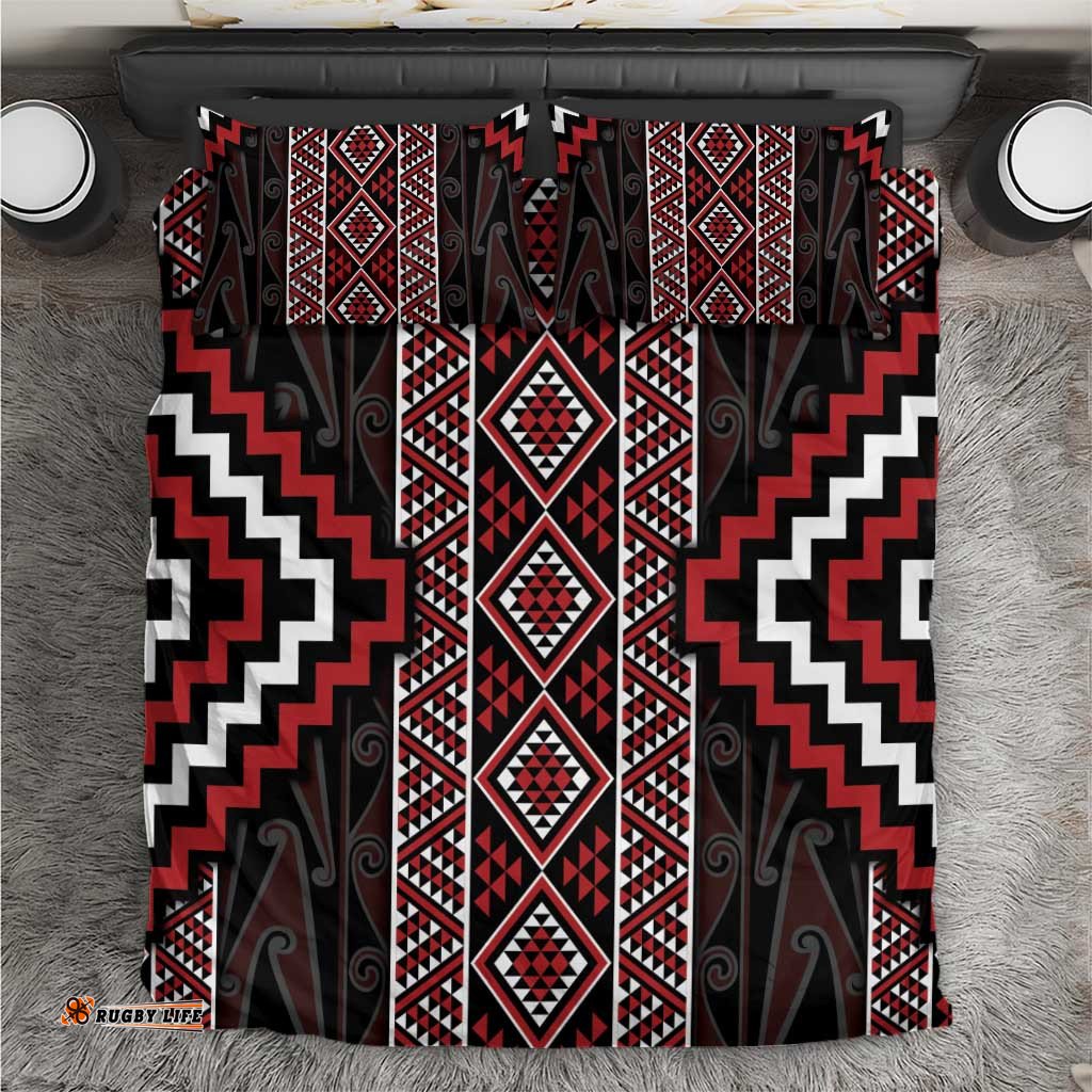 Red Tukutuku Pattern Aotearoa Bedding Set Niho Taniwha and Puhoro Motifs LT7