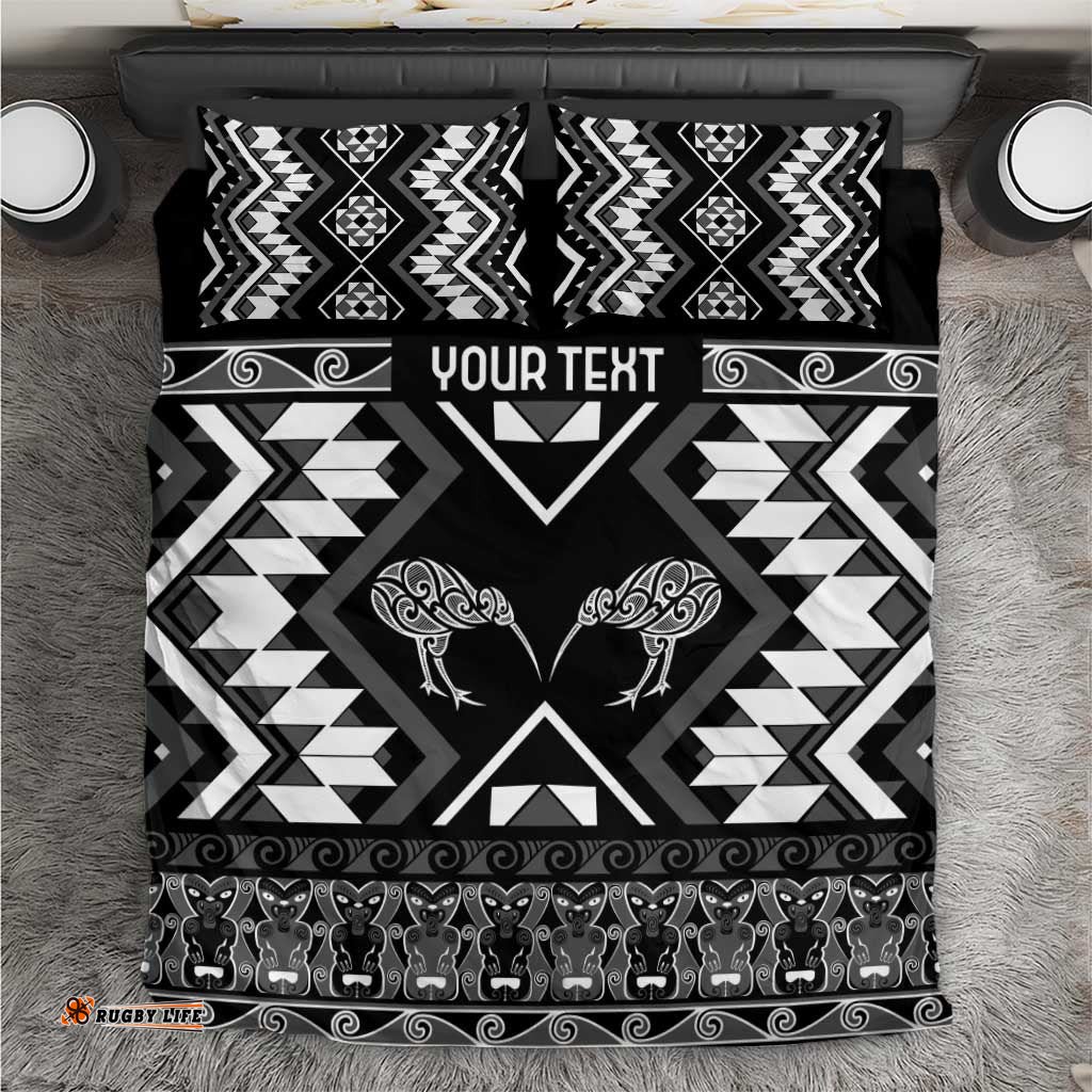 Personalised Taniko Motifs Aotearoa Bedding Set Waitangi Kowhaiwhai Kiwi - Monochrome LT7