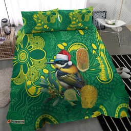 Aussie Honeyeaters Banksia Christmas Bedding Set Aboriginal Dots Painting Green Motif LT9