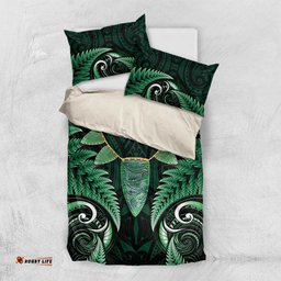 Aotearoa Pounamu Niho Bedding Set Silver Fern Mix Maori Pattern - Green LT14