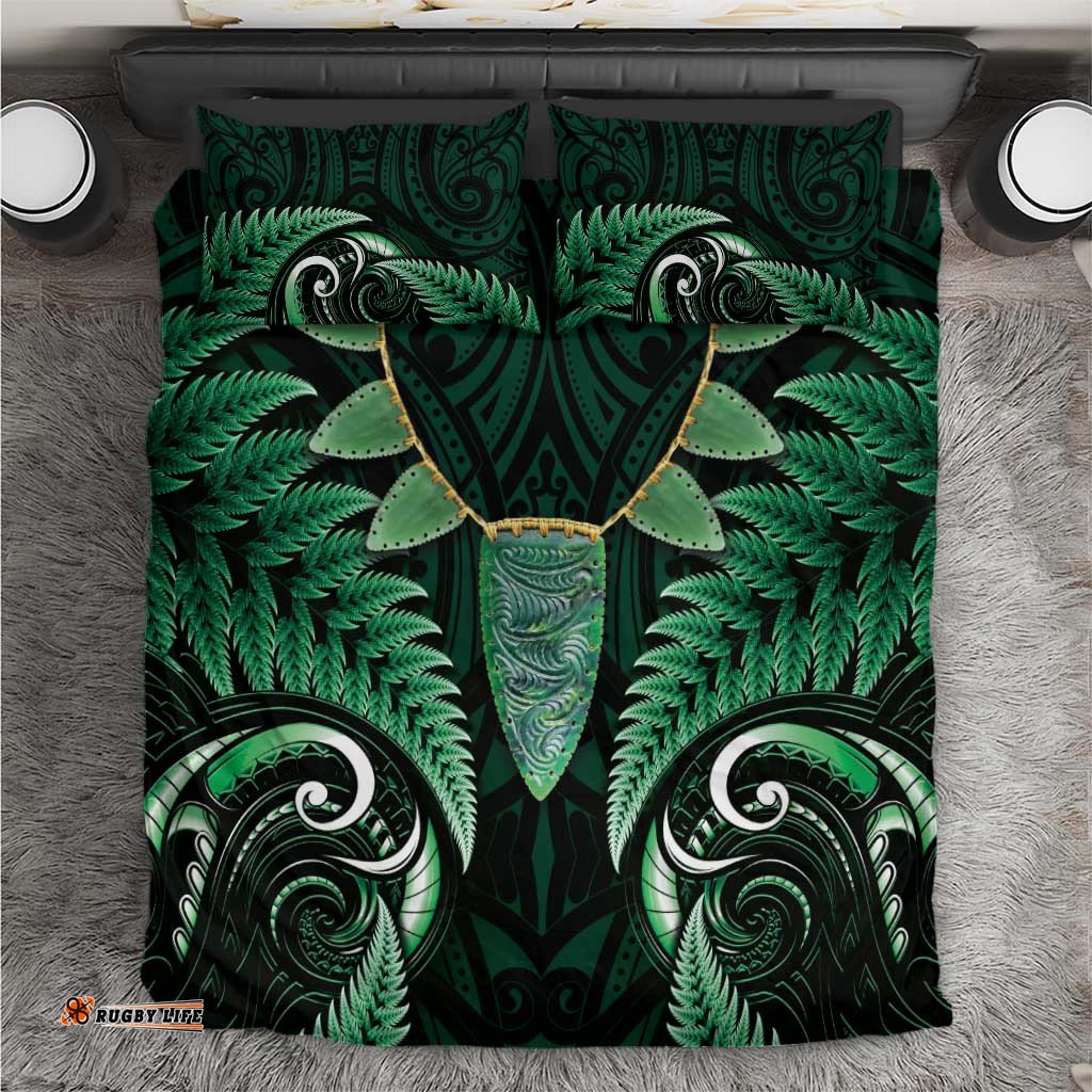 Aotearoa Pounamu Niho Bedding Set Silver Fern Mix Maori Pattern - Green LT14