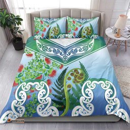 Aotearoa New Zealand Natural Plants Bedding Set Pohutukawa with Silver Ferns Koru Frond Maori Tattoos LT03
