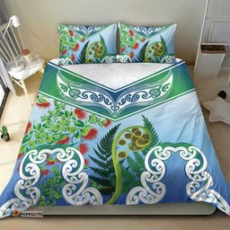 Aotearoa New Zealand Natural Plants Bedding Set Pohutukawa with Silver Ferns Koru Frond Maori Tattoos LT03