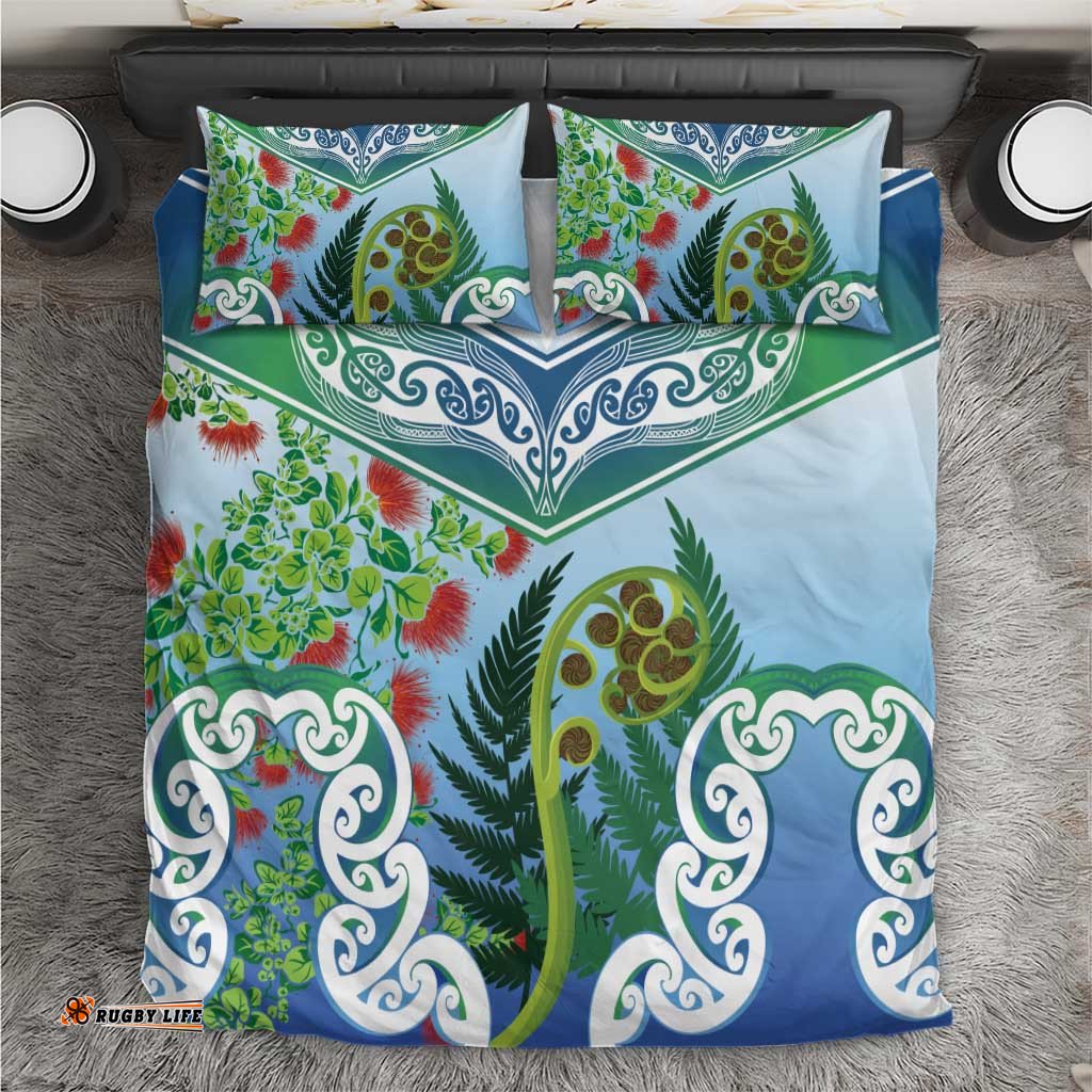 Aotearoa New Zealand Natural Plants Bedding Set Pohutukawa with Silver Ferns Koru Frond Maori Tattoos LT03