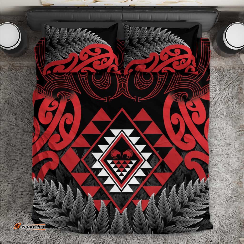Aotearoa Kiwi Taniko Bedding Set Silver Fern With Maori Koru Pattern LT14