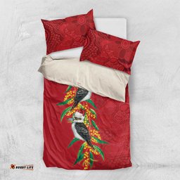 Aussie Kokaburra Golden Wattle Christmas Bedding Set Aboriginal Dots Painting Red Motif LT9