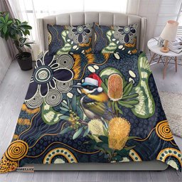 Aussie Honeyeaters Banksia Christmas Bedding Set Aboriginal Dots Painting Blue Motif LT9