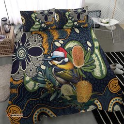 Aussie Honeyeaters Banksia Christmas Bedding Set Aboriginal Dots Painting Blue Motif LT9