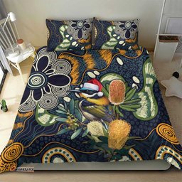 Aussie Honeyeaters Banksia Christmas Bedding Set Aboriginal Dots Painting Blue Motif LT9