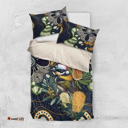 Aussie Honeyeaters Banksia Christmas Bedding Set Aboriginal Dots Painting Blue Motif LT9
