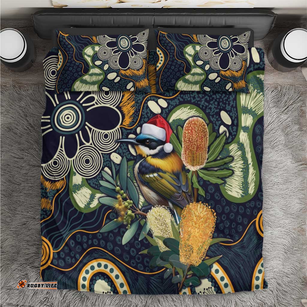 Aussie Honeyeaters Banksia Christmas Bedding Set Aboriginal Dots Painting Blue Motif LT9