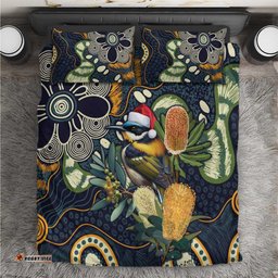 Aussie Honeyeaters Banksia Christmas Bedding Set Aboriginal Dots Painting Blue Motif LT9
