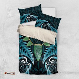 Aotearoa Pounamu Niho Bedding Set Silver Fern Mix Maori Pattern - Turquoise LT14