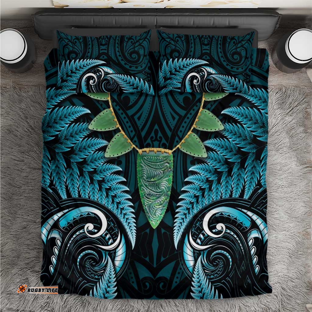 Aotearoa Pounamu Niho Bedding Set Silver Fern Mix Maori Pattern - Turquoise LT14