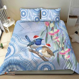 Australia Superb Fairywren Christmas Bedding Set Aboriginal Eucalyptus Blossoms Watercolor LT14