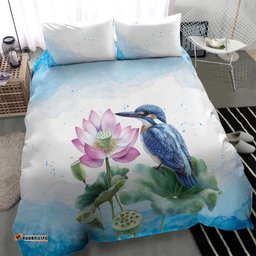 Australia Azure Kingfisher Bedding Set Ceyx Azureus Sacred Lotus Watercolor LT14