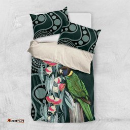 Australian Ringneck Parrot Bedding Set Barnardius Zonarius Eucalyptus Flowers Aboriginal Art LT14