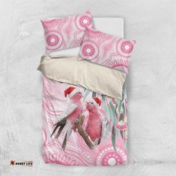 Australia Funny Pink Galah Christmas Bedding Set Aboriginal Eucalyptus Blossoms Watercolor LT14