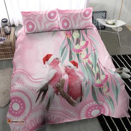 Australia Funny Pink Galah Christmas Bedding Set Aboriginal Eucalyptus Blossoms Watercolor LT14
