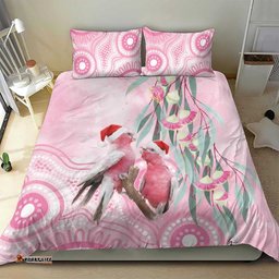 Australia Funny Pink Galah Christmas Bedding Set Aboriginal Eucalyptus Blossoms Watercolor LT14
