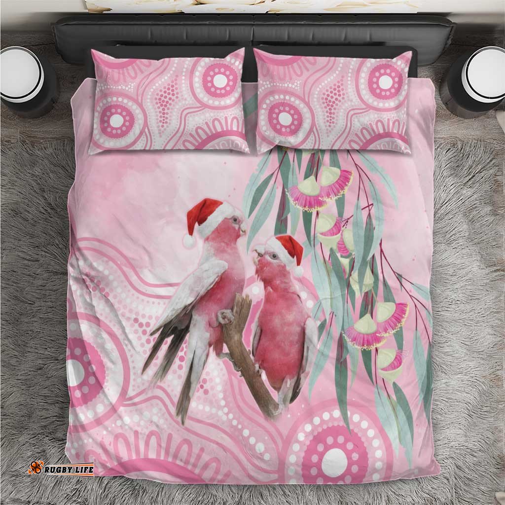 Australia Funny Pink Galah Christmas Bedding Set Aboriginal Eucalyptus Blossoms Watercolor LT14