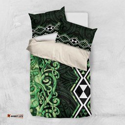 Green Aotearoa Bedding Set Taniko Motifs With Paua Shell Kowhaiwhai LT14