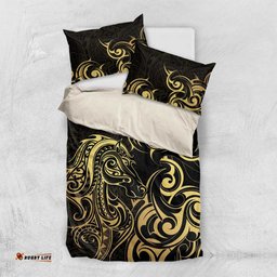 Gold And Black Aoteara Horse Racing Bedding Set NZ Maori Pattern LT14
