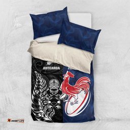 France And New Zealand Rugby Bedding Set Les Bleus Rooster With Maori Tiki LT05