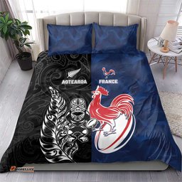 France And New Zealand Rugby Bedding Set Les Bleus Rooster With Maori Tiki LT05