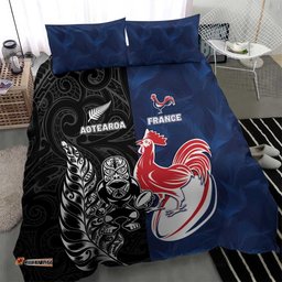 France And New Zealand Rugby Bedding Set Les Bleus Rooster With Maori Tiki LT05