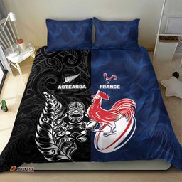 France And New Zealand Rugby Bedding Set Les Bleus Rooster With Maori Tiki LT05