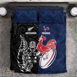 France And New Zealand Rugby Bedding Set Les Bleus Rooster With Maori Tiki LT05
