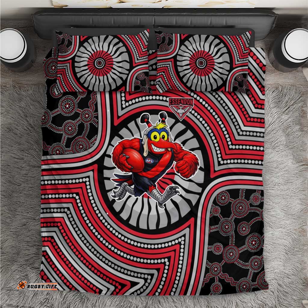 Essendon Football Club Bedding Set Indigenous Monochrome Dot Art Mascot Style TS04